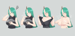 Rule 34 | 1girl, absurdres, arknights, armor, artist name, black shirt, blush, breastplate, breasts, chinese commentary, cleavage, covering breasts, covering privates, dutou, eyelashes, female focus, finger to mouth, green eyes, green hair, grey background, grin, hand in own hair, highres, horns, hoshiguma (arknights), index finger raised, large breasts, long hair, looking at viewer, multiple views, one eye closed, parted bangs, parted lips, shirt, shushing, signature, simple background, single horn, skin-covered horns, sleeveless, sleeveless shirt, smile, squiggle, steaming body, straight hair, sweat, teeth, topless, turtleneck, undressing, upper body