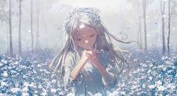 Rule 34 | 1girl, blonde hair, blurry, commentary, day, depth of field, dress, english commentary, eyelashes, field, flower, flower field, forest, hand on own neck, hands up, head wreath, kin fables, long hair, looking away, looking down, mixed-language commentary, nature, official art, own hands together, petals, sheya tin, sleeves past elbows, smile, solo, sundress, tree, upper body, w arms, white dress, white flower