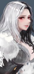 Rule 34 | 1girl, black hair, breasts, cleavage, coat, earrings, fur coat, gloves, goddess of victory: nikke, grey shirt, half gloves, highres, jewelry, kyel hyde, large breasts, light blush, lips, long hair, looking at viewer, multicolored hair, parted hair, red eyes, rosanna (nikke), shirt, solo, split-color hair, striped clothes, striped shirt, upper body, vertical-striped clothes, vertical-striped shirt, white hair