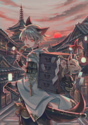Rule 34 | 1boy, animal ears, architecture, armor, black gloves, building, cloud, commentary request, cowboy shot, duplicate, east asian architecture, eating, extra ears, fingerless gloves, food, fox boy, fox ears, fox mask, fox tail, from behind, gloves, grey hair, highres, holding, holding food, house, japanese armor, japanese clothes, katana, kimono, lantern, light, looking at viewer, looking back, male focus, mask, oni mask, original, outdoors, pagoda, pinwheel, pixel-perfect duplicate, red eyes, sheath, sheathed, shelf, shide, short hair, shouji, shoulder armor, sign, skewer, sky, sliding doors, sode, solo, sun, sunset, suzaku (zaku6584), sword, tail, weapon, white kimono, yakitori