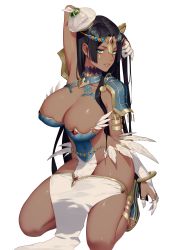 Rule 34 | 1girl, absurdres, arm behind head, arm up, arm wrap, armlet, bandaged arm, bandages, black hair, bracelet, breasts, bridal gauntlets, circlet, cleavage, covered erect nipples, covered navel, dark-skinned female, dark skin, facial mark, fate/grand order, fate (series), feathers, forehead jewel, full body, gem, gold, green eyes, hat, head tilt, highres, jewelry, kneeling, large breasts, long hair, looking at viewer, parted lips, rekaerb maerd, scheherazade (fate), shiny skin, simple background, solo, thumb ring, very long hair, white background, white feathers, white hat