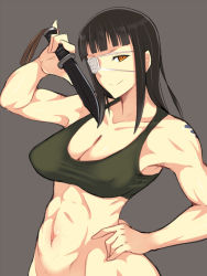 Rule 34 | 1girl, abs, armpits, black hair, bottomless, breasts, cleavage, em (totsuzen no hakike), eyepatch, hand on own hip, jormungand (manga), knife, large breasts, muscular, muscular female, out-of-frame censoring, sofia valmer, solo, standing, tank top