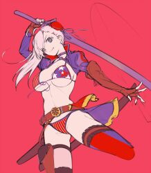 Rule 34 | 1girl, american flag bikini, american flag legwear, american flag print, asymmetrical gloves, asymmetrical hair, belt, belt skirt, bikini, breasts, bun cover, closed mouth, commentary request, criss-cross halter, elbow gloves, eyes visible through hair, fate/grand order, fate (series), fingerless gloves, flag print, foot out of frame, gloves, grey eyes, hair between eyes, hair bun, half-skirt, halterneck, highres, holding, holding sword, holding weapon, large breasts, leg up, long bangs, long hair, looking at viewer, miyamoto musashi (fate), miyamoto musashi (fate/grand order), miyamoto musashi (swimsuit berserker) (fate), miyamoto musashi (swimsuit berserker) (second ascension) (fate), pink background, pink hair, print bikini, purple shirt, shirt, shrug (clothing), simple background, single elbow glove, single hair bun, single thighhigh, smile, solo, swept bangs, swimsuit, sword, thigh strap, thighhighs, tugmix, underboob, uneven gloves, weapon