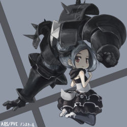 Rule 34 | 1girl, armor, armored twintails, chibi, face, gauntlets, hair ornament, jitsu hidari, jumping, original, pantyhose, red eyes, smile, solo, twintails, ukuel