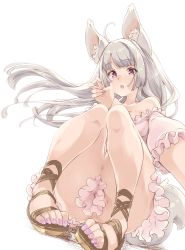 Rule 34 | 1girl, ahoge, animal ears, claw pose, commentary request, dress, eyebrows, feet, frilled dress, frills, grey hair, highres, knees together feet apart, long hair, looking at viewer, nail polish, no panties, on ground, open mouth, original, red eyes, sandals, selfie, short sleeves, sitting, solo, tail, thomasz, toenail polish, toenails, toes