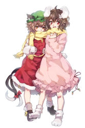 Rule 34 | 2girls, animal ears, bad id, bad pixiv id, black footwear, bow, brown hair, rabbit hair ornament, cat ears, chen, covered mouth, dress, green hair, hair ornament, hairclip, inaba tewi, long sleeves, multiple girls, multiple tails, pink dress, rabbit ears, rabbit tail, red dress, red eyes, ribbon, scarf, shared clothes, shared scarf, shoes, short hair, simple background, sketch, socks, tail, tail bow, tail ornament, touhou, two tails, wavy hair, white background, white legwear, yellow eyes, yudaoshan