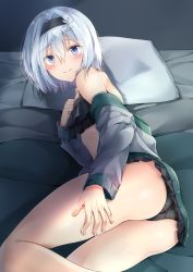 Rule 34 | 10s, 1girl, absurdres, ass, bare shoulders, bed, bed sheet, bikini, black bikini, black hairband, blue eyes, blush, closed mouth, frilled bikini, frills, from below, grey jacket, hair between eyes, hair ornament, hairband, hand on own chest, highres, jacket, layered bikini, long sleeves, looking at viewer, lying, off shoulder, on bed, on side, open clothes, open jacket, pillow, ryuuou no oshigoto!, shiny skin, short hair, silver hair, smile, snowflake hair ornament, solo, sora ginko, swimsuit, thighs, yoshida iyo