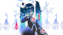 Rule 34 | 1girl, aqua hair, black dress, blue fire, cal 119, candle, commentary, corsola, creatures (company), detached sleeves, dress, fire, game freak, gen 2 pokemon, gen 5 pokemon, ghost miku (project voltage), glitch, grey eyes, hatsune miku, highres, hitodama, litwick, long sleeves, nintendo, pale skin, pokemon, pokemon (creature), project voltage, sad, solo, spirit, symbol-only commentary, twintails, vocaloid, white background