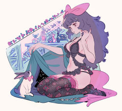 Rule 34 | 1girl, bow, breasts, commentary, hair bow, hand up, lingerie, long hair, looking down, medium breasts, midriff, mole, mole under eye, navel, original, pink eyes, purple hair, rabbit, solo focus, symbol-only commentary, thighhighs, umishima senbon, underwear