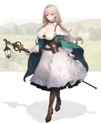 Rule 34 | 1girl, absurdres, baketsu, belt pouch, black choker, black ribbon, blonde hair, boots, breasts, brown corset, brown footwear, building, choker, cleavage, cloak, collarbone, corset, dress, green cloak, green eyes, highres, hill, holding, holding staff, lantern, large breasts, long hair, original, pouch, ribbon, shadow, skirt hold, solo, staff, white dress