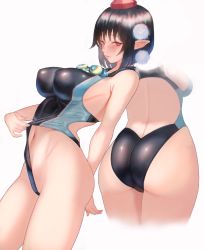 Rule 34 | 1girl, alternate costume, ass, back, black hair, black one-piece swimsuit, blue one-piece swimsuit, blush, breasts, clothing aside, commentary request, competition swimsuit, cowboy shot, frontal wedgie, goggles, goggles around neck, hat, highleg, highleg swimsuit, highres, large breasts, looking at viewer, multiple views, navel, one-piece swimsuit, open mouth, pointy ears, pom pom (clothes), red eyes, red headwear, shameimaru aya, short hair, sideboob, simple background, smile, swimsuit, swimsuit aside, tokin hat, touhou, wedgie, white background, wiaxixia