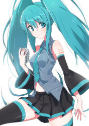 Rule 34 | 1girl, aqua eyes, aqua hair, aqua nails, bad id, bad pixiv id, bare shoulders, black thighhighs, blush, detached sleeves, domo1220, hatsune miku, long hair, microphone, nail polish, necktie, pleated skirt, simple background, skirt, smile, solo, thighhighs, twintails, very long hair, vest, vocaloid, white background