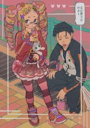 Rule 34 | 1boy, 1girl, absurdres, bandaid, bandaid on face, bandaid on nose, beatrice (re:zero), black footwear, black hair, black jacket, black pants, bow, brown shirt, butterfly-shaped pupils, closed eyes, commentary request, cup, doll, drill hair, drinking, drinking straw, framed, hair bow, hair ornament, highres, holding, holding cup, holding doll, iwamushi, jacket, long sleeves, multiple hair bows, nail polish, natsuki subaru, open clothes, open jacket, open mouth, pants, pantyhose, re:zero kara hajimeru isekai seikatsu, red jacket, shirt, shoes, short hair, skirt, sneakers, speech bubble, squatting, standing, striped clothes, striped pantyhose, symbol-shaped pupils, translation request, twin drills, twintails