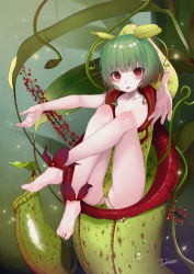 Rule 34 | 10s, 1girl, 2016, anklet, ass, bad id, bad pixiv id, bags under eyes, bare shoulders, barefoot, beckoning, breasts, carnivorous plant, collarbone, crotchless, dancho (dancyo), eyebrows, feet, fingernails, full body, green hair, headgear, jewelry, knees up, leaf, leg up, leotard, light particles, long fingernails, looking at viewer, medium breasts, monster girl, original, outstretched arms, palms, parted lips, personification, pitcher plant, plant, plant girl, sidelocks, signature, sitting, slit pupils, solo, toenails, toes, vines, water drop