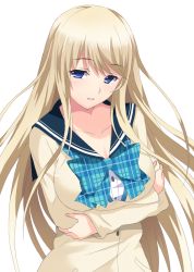 Rule 34 | 1girl, blonde hair, blue eyes, breasts, collarbone, crossed arms, floating hair, large breasts, long hair, looking at viewer, lovely x cation 2, official style, parted lips, rasahan, simple background, smile, solo, swept bangs, upper body, very long hair, white background, yoshinoya seine