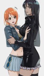 Rule 34 | 2girls, 41097772s, absurdres, black dress, black footwear, black hair, blue eyes, blue jacket, boots, breasts, brown eyes, cleavage, collarbone, cowboy shot, crop top, cropped jacket, dress, grey background, hand on another&#039;s arm, height difference, highres, jacket, large breasts, long sleeves, medium hair, midriff, miniskirt, multiple girls, nami (one piece), navel, nico robin, official alternate costume, one piece, open clothes, open jacket, open mouth, orange hair, parted lips, pleated skirt, short hair, simple background, skirt, sweatdrop, thigh boots