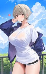 Rule 34 | 1girl, absurdres, ahoge, bandaid, bandaid on neck, black eyes, black shorts, blue jacket, blue sky, breasts, bush, closed mouth, cloud, cloudy sky, commentary request, cowboy shot, day, hand up, heart, heart-shaped pupils, highres, jacket, korean commentary, large breasts, light brown hair, looking at viewer, off shoulder, open clothes, open jacket, original, outdoors, railing, shirt, short hair, short shorts, shorts, signature, sky, smile, solo, sweatdrop, symbol-shaped pupils, timy, track jacket, white shirt