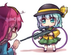 Rule 34 | 2girls, arm up, assault rifle, black footwear, black headwear, blue shirt, bolt action, commentary request, floral print, frilled shirt collar, frilled skirt, frilled sleeves, frills, green eyes, green hair, green skirt, gun, hat, hat ribbon, holding, holding gun, holding weapon, komeiji koishi, komeiji satori, multiple girls, nervous sweating, pink eyes, pink hair, remington model 700, ribbon, rifle, rose print, shadow, shirt, siblings, simple background, sisters, skirt, smile, sniper rifle, socks, standing, sweat, third eye, touhou, unime seaflower, weapon, white background, white legwear, yellow ribbon, yellow shirt