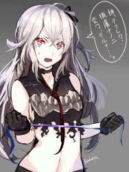 Rule 34 | 10s, 1girl, abyssal ship, artist name, bare shoulders, black gloves, black serafuku, breasts, choker, destroyer water oni, gloves, grey background, hair between eyes, holding clothes, holding gloves, kantai collection, long hair, midriff, navel, open mouth, pale skin, red eyes, ribbon, sakuhiko, school uniform, serafuku, side ponytail, signature, sleeveless, small breasts, solo, translation request, white hair