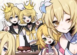 1boy 4girls :d ;d ahoge animal_ears artist_name artist_self-insert baisuya belt belt_buckle birthday black_belt black_sailor_collar black_sleeves blonde_hair blue_eyes bow buckle cake chinese_commentary collared_shirt color_connection commentary_request crossover detached_sleeves empty_eyes fang flower food fox_ears fox_girl frilled_sailor_collar frills genshin_impact green_eyes hair_between_eyes hair_bow hair_color_connection hair_flower hair_ornament hairclip hand_up heart heart_hands huyao_xiao_hongniang kagamine_len kagamine_rin long_hair long_sleeves looking_at_viewer lumine_(genshin_impact) midriff multiple_crossover multiple_girls necktie o3o one_eye_closed open_mouth peeking plate rachel_gardner sailor_collar satsuriku_no_tenshi shirt short_hair siblings sleeveless sleeveless_shirt smile table tushan_susu twins v vocaloid white_bow white_shirt yellow_bow yellow_eyes yellow_necktie zoom_layer