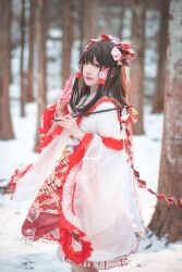 Rule 34 | 1girl, adapted costume, bare tree, blurry, blurry background, bow, brown hair, closed mouth, cosplay photo, day, depth of field, feet out of frame, flower, frilled skirt, frills, from side, gohei, hair bow, hair flower, hair ornament, hair tubes, hakurei reimu, highres, holding, holding gohei, japanese clothes, kafon 817, lace-trimmed sleeves, lace trim, looking at viewer, looking to the side, medium hair, outdoors, photo (medium), pink flower, red bow, red skirt, shirt, skirt, snow, solo, standing, touhou, tree, white shirt, wide sleeves, winter