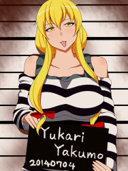 Rule 34 | 1girl, 2014, alternate costume, bad id, bad pixiv id, bare shoulders, breasts, character name, dated, hair over breasts, hair over shoulder, hair up, head tilt, unworn headwear, height chart, highres, holding, holding sign, lactone, large breasts, looking at viewer, mugshot, prison clothes, sign, smile, solo, tank top, tongue, tongue out, touhou, yakumo yukari, yellow eyes