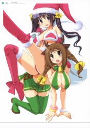 Rule 34 | 2girls, :d, absurdres, all fours, animal costume, antlers, azuma yuki, bell, bikini, boots, braid, breasts, brown eyes, brown hair, christmas, cleavage, covered erect nipples, d:, fang, green footwear, green legwear, hanging breasts, hat, highres, horns, large breasts, legs, multiple girls, on person, open mouth, original, purple eyes, purple hair, red legwear, reindeer antlers, reindeer costume, riding, sack, santa costume, santa hat, skirt, smile, swimsuit, thigh boots, thighhighs, twin braids, twintails
