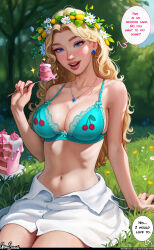 Rule 34 | 1girl, absurdres, aroma sensei, bare shoulders, biting, blonde hair, blue bra, blue eyes, blush, body freckles, bra, breasts, buttons, cake, cleavage, collarbone, daisy, earrings, eating, english text, eyeshadow, flower, food, fork, freckles, haley (stardew valley), head wreath, heart, highres, jewelry, large breasts, lips, long hair, makeup, navel, necklace, open clothes, open shirt, outdoors, saliva, sideboob, skirt, smile, solo, sparkle, stardew valley, underwear, undressing, wavy hair