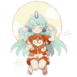 Rule 34 | 1girl, blush stickers, closed eyes, closed mouth, collared shirt, commentary request, facing viewer, flat chest, horns, kaigen 1025, komano aunn, no nose, paw pose, red shirt, sandals, shirt, shorts, single horn, smile, solo, touhou, white shorts