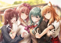 Rule 34 | 4girls, absurdres, animal ears, blonde hair, blush, bow, bowtie, breasts, brown cardigan, brown eyes, brown hair, brown jacket, cardigan, cleavage, collared shirt, crossover, fate/extra, fate/extra ccc, fate/extra ccc fox tail, fate (series), fingernails, fox ears, green eyes, green hair, green nails, grin, hair between eyes, hair ornament, hairclip, highres, idolmaster, idolmaster cinderella girls, idolmaster shiny colors, jacket, jewelry, jougasaki mika, kantai collection, large breasts, long hair, long sleeves, multiple crossover, multiple girls, nail polish, neck ribbon, one eye closed, open mouth, osaki amana, pink bow, pink bowtie, pink hair, pink nails, red ribbon, ribbon, ring, shirt, smile, suien, suzuka gozen (fate), suzuya (kancolle), suzuya kai ni (kancolle), v, wedding ring, white shirt, yellow eyes