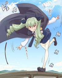 Rule 34 | 10s, 1girl, anchovy (girls und panzer), black ribbon, blue skirt, blue sky, cape, cloud, day, drill hair, eyebrows, girls und panzer, green hair, hair between eyes, hair ribbon, long hair, long sleeves, miniskirt, open mouth, orange eyes, outdoors, pantyhose, pleated skirt, ribbon, riding crop, shirt, skirt, sky, solo, sweatdrop, thomasz, tripping, twintails, white pantyhose, white shirt