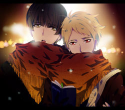 Rule 34 | 10s, 2boys, black hair, blonde hair, book, brown eyes, covering face, covering own mouth, earphones, holding, holding book, kanbara akihito, kyoukai no kanata, multiple boys, nase hiroomi, night, open mouth, red eyes, rena (renasight), scarf, scarf over mouth, shared clothes, shared scarf, snow, winter