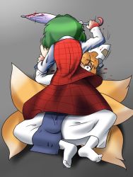 Rule 34 | 2girls, abuse, arm grab, beating, blood, closed umbrella, constricted pupils, female focus, fox tail, gradient background, green hair, grey background, hat, hitting, holding another&#039;s wrist, kazami yuuka, multiple girls, multiple tails, no shoes, plaid, plaid skirt, plaid vest, saki saki, sakifox, sitting, sitting on person, skirt, skirt set, socks, tabard, tail, touhou, turn pale, umbrella, vest, violence, yakumo ran