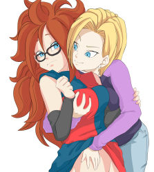 Rule 34 | 2girls, android 18, android 21, black-framed eyewear, blue eyes, breasts, brown hair, caisamax, clothes lift, curly hair, deep skin, detached sleeves, dragon ball, dragon ball fighterz, dragon ball super, dress, dress lift, earrings, flat color, glasses, grabbing, grabbing another&#039;s breast, groin, highres, jewelry, long hair, medium breasts, multiple girls, short hair, tsurime, yuri