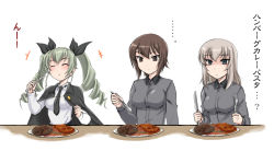 Rule 34 | ..., 10s, 3girls, anchovy (girls und panzer), blush, cape, curry, dress shirt, drill hair, eating, food, fork, girls und panzer, green hair, grey shirt, burger, hamburger steak, holding, itsumi erika, knife, long hair, long sleeves, multiple girls, necktie, nishizumi maho, pasta, school uniform, shirt, sitting, smile, spoon, table, translated, twin drills, twintails, wan&#039;yan aguda, white background, white shirt