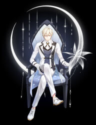 Rule 34 | 1boy, ahoge, armchair, belt, black background, black sash, blonde hair, chair, closers, crescent, cross tie, crossed legs, ear ornament, flower, full body, gloves, hair between eyes, highres, jacket, light smile, long jacket, long sleeves, looking at viewer, male focus, official art, on chair, oxfords, pants, purple vest, red eyes, sash, shirt, shoulder sash, sitting, solo, striped clothes, striped vest, tachi-e, thigh belt, thigh strap, v-shaped eyebrows, vertical-striped clothes, vertical-striped vest, vest, white flower, white gloves, white jacket, white pants, white shirt, wolfgang schneider