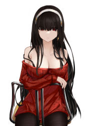 Rule 34 | 1girl, bare shoulders, black hair, black pantyhose, breasts, chair, cleavage, closed mouth, collarbone, dress, earrings, gold earrings, hairband, highres, jewelry, large breasts, lilin (pixiv 25958194), long hair, looking at viewer, off-shoulder sweater, off shoulder, pantyhose, red eyes, red sweater, simple background, sitting, solo, spy x family, sweater, sweater dress, very long hair, wavy hair, white background, white hairband, yor briar