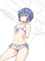 Rule 34 | 1girl, absurdres, ajishio, arms behind back, bare shoulders, bikini, bikini under clothes, blue bikini, blue eyes, blue hair, blue hairband, blush, breasts, character request, closed mouth, collarbone, front-tie bikini top, front-tie top, hair between eyes, hairband, highres, indoors, micro bikini, navel, open clothes, open fly, open shorts, short hair, short shorts, shorts, side-tie bikini bottom, small breasts, solo, standing, swimsuit, voiceroid, white shorts