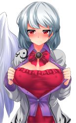 Rule 34 | 1girl, absurdres, blush, bow, bowtie, breasts, collared shirt, covered erect nipples, dress, eyebrows, eyelashes, female focus, grey jacket, highres, hitotsuki nebura, jacket, kishin sagume, large breasts, open clothes, open jacket, open shirt, purple shirt, red bow, red bowtie, red dress, red eyes, revision, shirt, short hair, silver hair, simple background, single wing, smile, solo, tears, touhou, unbuttoned, undressing, upper body, white background, white wings, wings