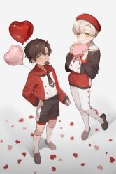 Rule 34 | 2boys, ag (ag nkfg), balloon, blonde hair, blush, box, brown hair, child, chocolate, hair ornament, hairclip, hand on own hip, hat, heart, heart-shaped box, heart balloon, highres, holding, long sleeves, looking at viewer, male focus, mouth hold, multiple boys, orange eyes, original, panties, pantyhose, red headwear, red sailor collar, red shorts, sailor collar, shoes, shorts, simple background, smile, socks, standing, underwear, valentine, white panties, white sailor collar