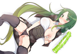 Rule 34 | 1girl, black panties, black thighhighs, blush, braid, breasts, character request, collar, copyright request, detached collar, dildo, female masturbation, fingering, green eyes, green hair, hair ornament, hairclip, highres, jewelry, kounosu satori, large breasts, long hair, looking at viewer, lying, masturbation, nipple stimulation, nipple tweak, nipples, on back, open clothes, open mouth, panties, pussy juice, ring, sex toy, shadow, simple background, solo, spread legs, sweat, thighhighs, tweaking own nipple, underwear, vaginal, very long hair, white background, white collar