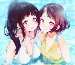 Rule 34 | 2girls, bare shoulders, black hair, blunt bangs, blush, breasts, brown eyes, chitanda eru, cleavage, closed mouth, frilled swimsuit, frills, halterneck, hyouka, ibara mayaka, lipstick, long hair, looking at viewer, makeup, mery (yangmalgage), multiple girls, non-web source, one-piece swimsuit, parted lips, partially submerged, pink eyes, pink lips, ponytail, short hair, sidelocks, small breasts, smile, swimming, swimsuit, upper body, very long hair, water, white one-piece swimsuit, yellow one-piece swimsuit
