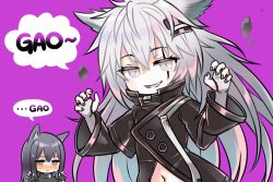 Rule 34 | 2girls, :o, animal ear fluff, animal ears, arknights, bad id, bad pixiv id, black capelet, black hair, black jacket, black nails, blush, capelet, claw pose, commentary request, fingerless gloves, gao, gloves, grey eyes, grin, hair between eyes, hair ornament, hairclip, hands up, jacket, kantai collection, lappland (arknights), long hair, long sleeves, mashiro miru, multiple girls, nachi (kancolle), nail polish, nose blush, orange eyes, parted lips, purple background, romaji text, scar, scar across eye, scar on face, sharp teeth, silver hair, simple background, smile, sweat, teeth, texas (arknights), very long hair, white gloves, wide sleeves