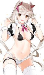 Rule 34 | 1girl, absurdres, animal ears, bikini, bikini top only, black bikini, breasts, brown eyes, cat ears, cat girl, cat tail, cleavage, cowboy shot, detached collar, hair ribbon, hands up, heart o-ring, highres, idemitsu, large breasts, long hair, looking at viewer, maid, maid bikini, navel, neck ribbon, open mouth, original, panties, ribbon, short sleeves, shrug (clothing), silver hair, simple background, solo, sparkle, stomach, swimsuit, tail, thigh strap, thighhighs, twintails, unconventional maid, underwear, very long hair, white background, white panties, white thighhighs, wrist cuffs