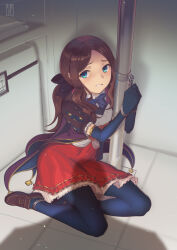 Rule 34 | 1girl, black bow, blue eyes, blue gloves, blue pantyhose, blush, bow, breasts, brown dress, brown hair, cad (caddo), dress, elbow gloves, fate/grand order, fate (series), forehead, gloves, hair bow, highres, leonardo da vinci (fate), leonardo da vinci (fate/grand order), leonardo da vinci (rider) (fate), long hair, looking at viewer, pantyhose, parted bangs, ponytail, puff and slash sleeves, puffy short sleeves, puffy sleeves, red skirt, restrained, short sleeves, skirt, small breasts