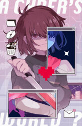 Rule 34 | 1other, :|, androgynous, antenna hair, blue skin, brown eyes, brown hair, child, closed mouth, colored skin, corogarucoromo, cropped torso, deltarune, dual persona, expressionless, film grain, grey sweater, hand up, heart, highres, holding, holding knife, icon (computing), knife, kris (deltarune), long sleeves, looking at viewer, one eye covered, other focus, revealing layer, short hair, solo, spamton g. spamton, sweater, upper body, window (computing)