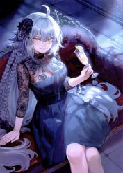 Rule 34 | 1girl, absurdres, ahoge, arm support, braid, champagne flute, closed mouth, couch, crossed legs, cup, dress, drinking glass, fate/grand order, fate (series), floral print, hair ornament, highres, holding, indoors, jeanne d&#039;arc (fate), jeanne d&#039;arc alter (avenger) (fate), jeanne d&#039;arc alter (fate), long hair, long sleeves, looking at viewer, mashuu (neko no oyashiro), scan, silver hair, simple background, sitting, smile, solo, turtleneck, yellow eyes