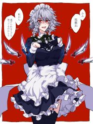 Rule 34 | 1girl, braid, floating, floating object, floating weapon, frills, garter straps, gloves, highres, himadera, izayoi sakuya, knife, long sleeves, looking at viewer, maid, maid headdress, open mouth, red background, red eyes, simple background, skirt, smile, solo, thighs, touhou, translated