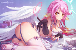 Rule 34 | apron, boxes, cameltoe, christmas present, cream, feathered wings, garter straps, halo, heart, jibril (no game no life), mitsu art, nail polish, no game no life, orange eyes, pink hair, thighhighs, whisk, wings