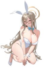 Rule 34 | 1girl, absurdres, akane (blue archive), akane (bunny) (blue archive), animal ears, bare shoulders, black-framed eyewear, blue archive, blue bow, blue bowtie, bow, bowtie, breasts, brown eyes, brown hair, brown halo, cleavage, detached collar, fake animal ears, glasses, hair between eyes, halo, highres, large breasts, legs, leotard, long hair, looking at viewer, official alternate costume, playboy bunny, rabbit ears, shoes, smile, solo, squatting, thighs, very long hair, white footwear, white leotard, yingchuishiting